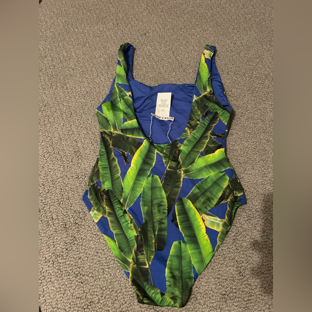 Alice and Olivia Palm Print Blue One piece bathing suit.
